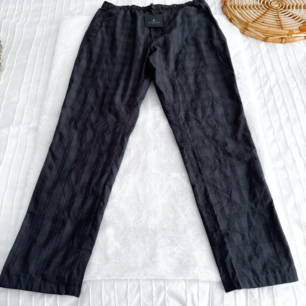 Lanvin Men’s Plaid Check Pants Lounge Elastic Waist Pockets Gray Navy Trousers